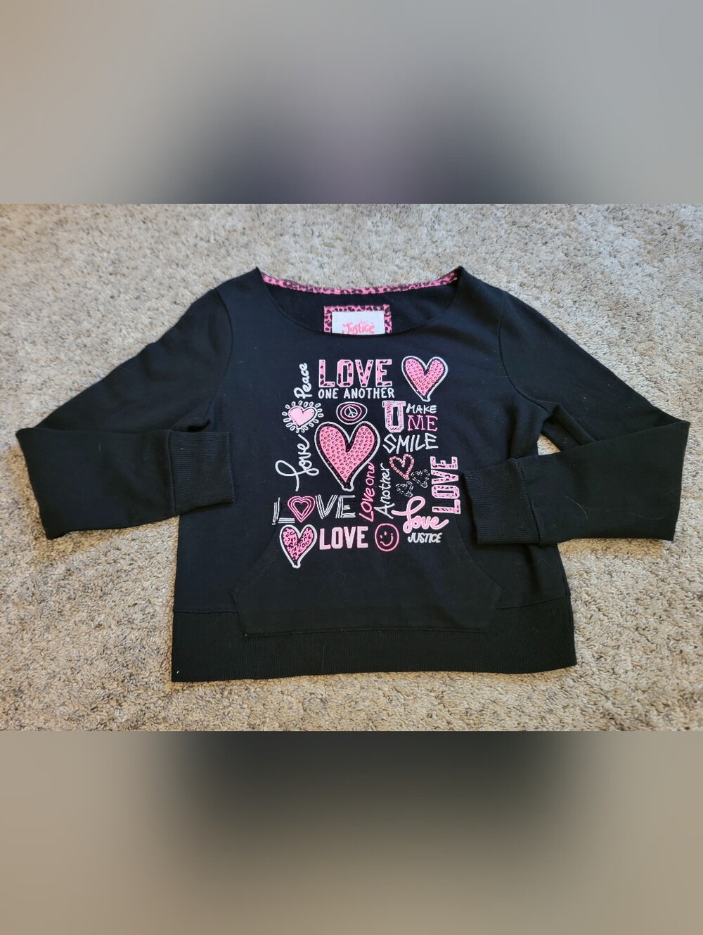 Justice Kids' Black Sweatshirt with Pink Love Graphic Size 14